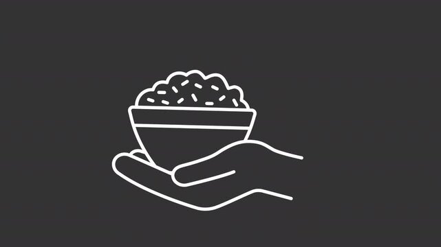Animated hand holding bowl of food white line icon. Feeding someone in need animation. Stop hunger in world. Serving rice porridge. Isolated element on dark background. Alpha transparent video