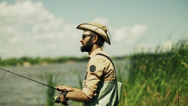 Fisherman Holding Rod and Spinning Reel while Fishing. Angler Standing in Water Near Reeds. Summer Outdoor Hobby and Active Recreation