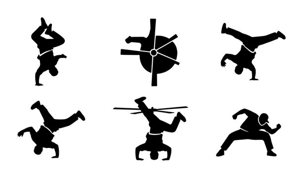 Breakdancing Silhouette Icons, Dynamic B-Boy Poses, Urban Street Dance Moves, Set of 6 Vector Graphics