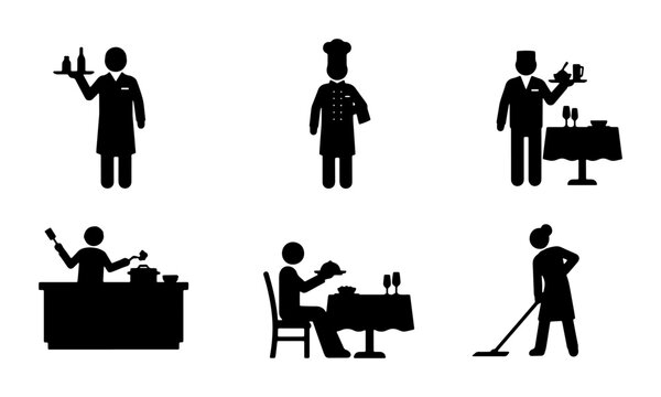 Restaurant Staff Icons Set, Hospitality Service Pictograms, Culinary Professionals Silhouette Collection, Food Service Personnel Vector Graphics