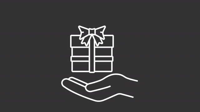 Animated hand holding giftbox white line icon. Holiday present animation. Surprise for special occasion. Festive event celebration. Isolated element on dark background. Alpha transparent video
