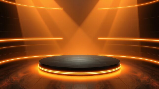 Futuristic dark podium with bright orange neon lights and spotlights