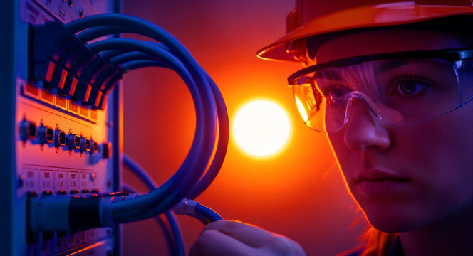 Female technician in safety gear inspecting network cables. Engineer works on server hardware with dramatic lighting. IT infrastructure concept, ideal for technology marketing.