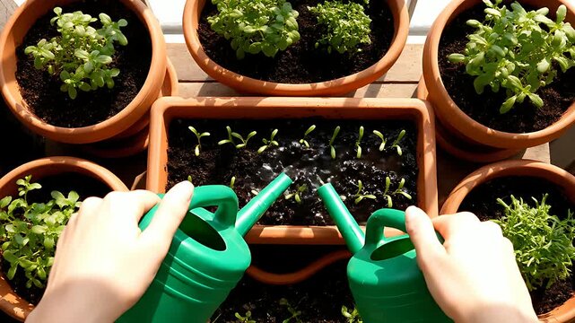 Hands watering seedlings in terracotta pots with two green watering cans. Top view POV of home gardening on an urban balcony in springtime. Plant care and sustainable lifestyle concept for ads.