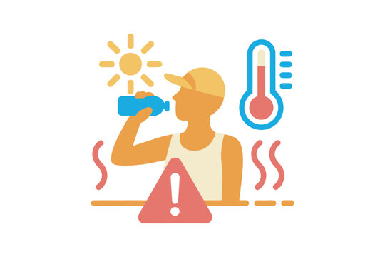 Heat safety illustration, man hydrating under a hot sun with high temperature thermometer and warning sign, emphasizing hydration and extreme weather protection vector design.