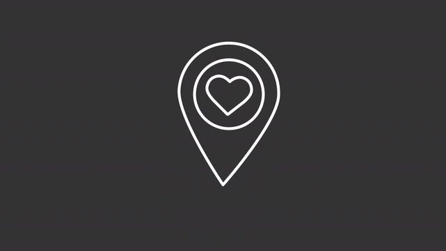 Animated map pin with heart white line icon. Charity center location animation. Finding love near you. Volunteer organization on city plan. Isolated element on dark background. Alpha transparent video