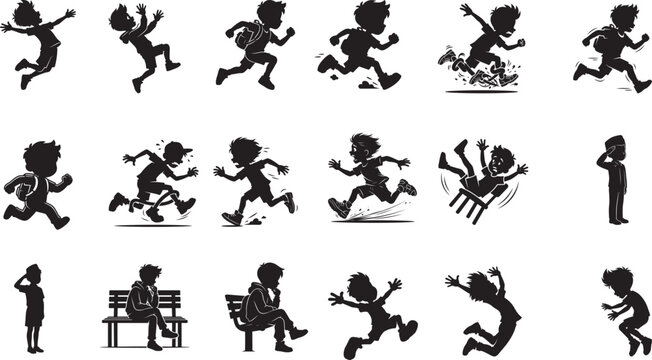 Set of kids doing different actions on transparent background vector illustration character poses children silhouette.