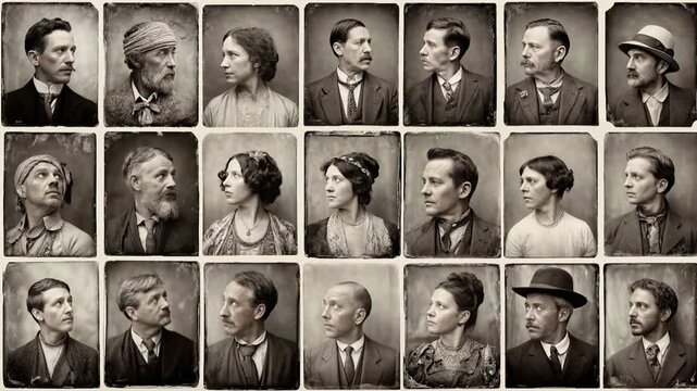 Vintage portrait gallery showcasing diverse individuals from a bygone era. A collection of sepia-toned studio portraits featuring men and women in historical attire