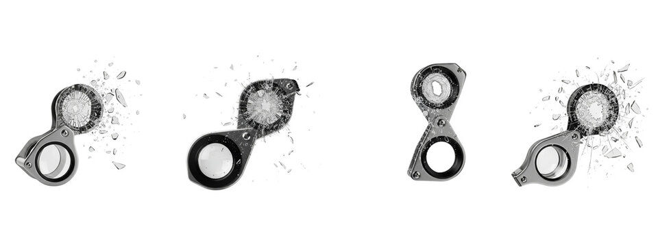 Shattered jeweler loupe magnifying glass lens isolated on black background