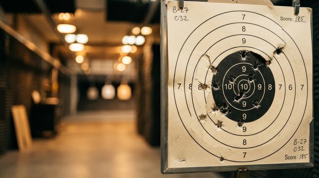 A close-up view of a paper target showing bullet holes in an indoor shooting range setting.