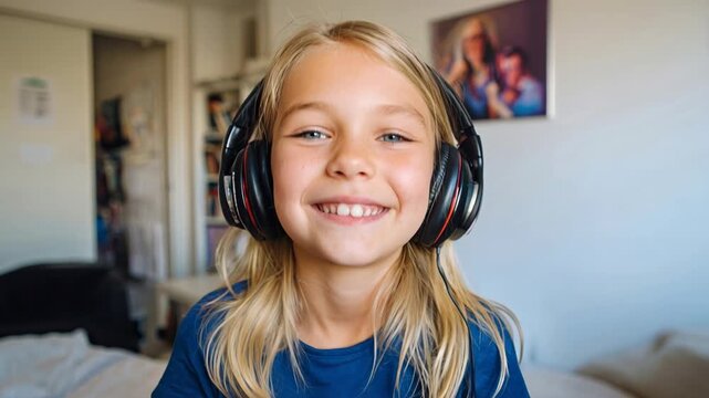 Happy young girl with headphones listening to music or playing games indoors