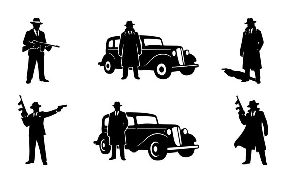 Retro Gangster Silhouettes, Vintage Mobster Icons, Classic Car Vector Art, 1920s Prohibition Era Figures, Criminal Syndicate Set
