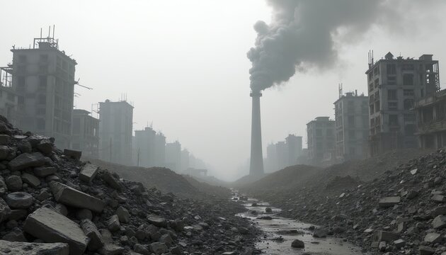 Dilapidated city scene with debris piles and skeletal buildings under thick fog. A smoking industrial chimney looms over the desolate urban landscape.