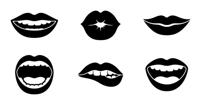 Set of Six Black Vector Lips Icons, Diverse Expressions and Mouth Shapes, Graphic Elements for Beauty and Communication Concepts