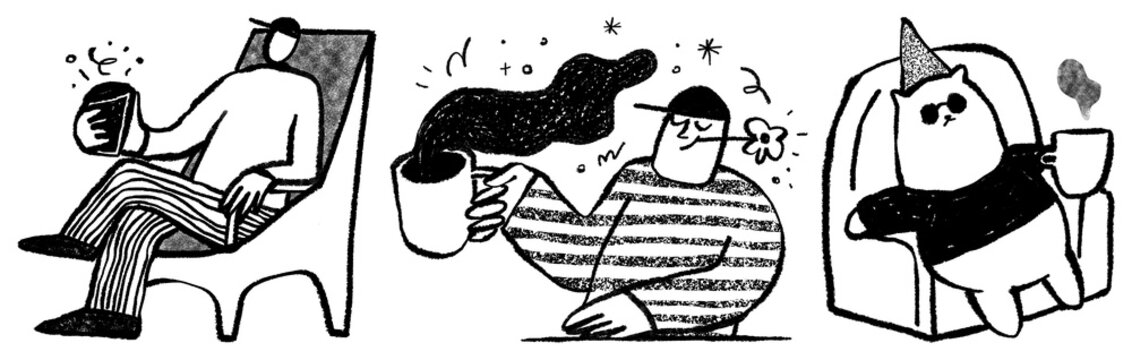 PNG Whimsical coffee drinkers illustration element set on transparent background