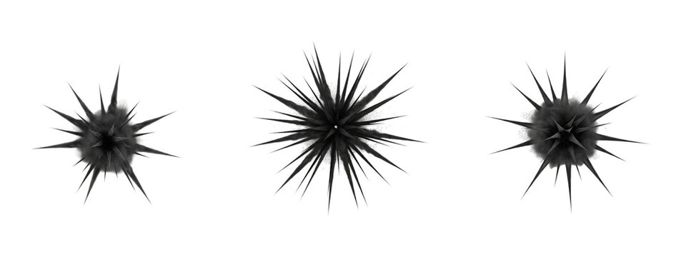 Three dark spiky abstract star shapes with smoke texture on black background
