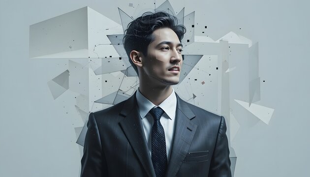 Conceptual portrait of a professional businessman in a suit, integrated with abstract geometric data fragments and AI digital overlays. Ideal for technology and future of work.
