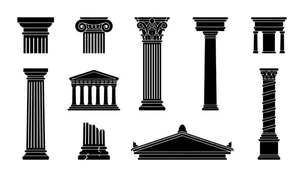 Ancient Greek and Roman Columns Set, Classical Architecture Elements, Architectural Orders Vector Icons, Historic Building Facade Details, Black and White Stone Structures