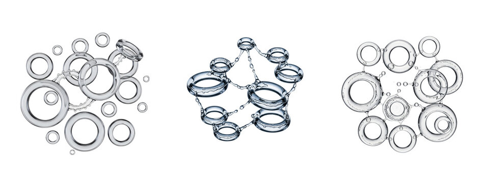 Three collections of liquid water rings splashing on a black background