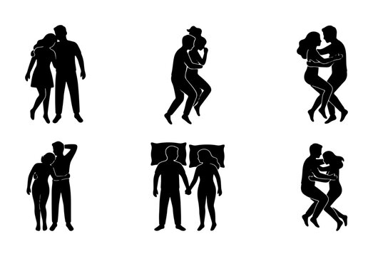 Couple Sleeping Positions Vector Icons, Intimacy and Relationship Silhouettes, Romantic Pair Poses Collection
