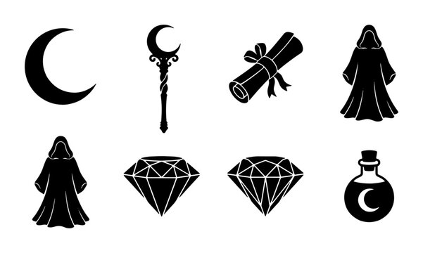 Mystical Symbols Vector Icons: Crescent Moon, Magic Wand, Scroll, Robes, Gems, Potion Bottle - Esoteric & Fantasy Elements for Design