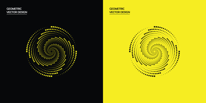 Geometric spiral vector design with black and yellow backgrounds