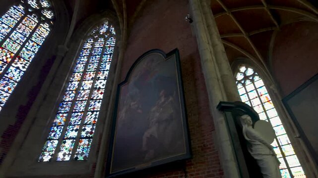 Stained Glass Window Close-up in St. Jacob's Church, Ghent, Belgium