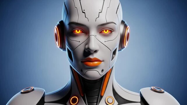 Futuristic android woman with closed eyes and orange accents