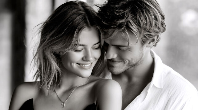 Intimate Black and White Portrait of a Loving Couple Sharing a Tender Moment