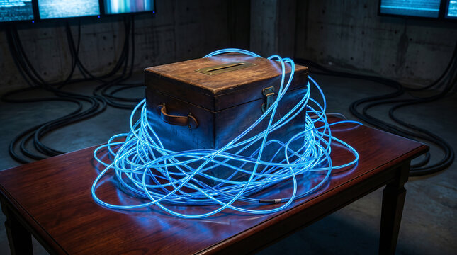 Voting fraud concept showing ballot box surrounded by cables and screens in dark room with a focus on political manipulation