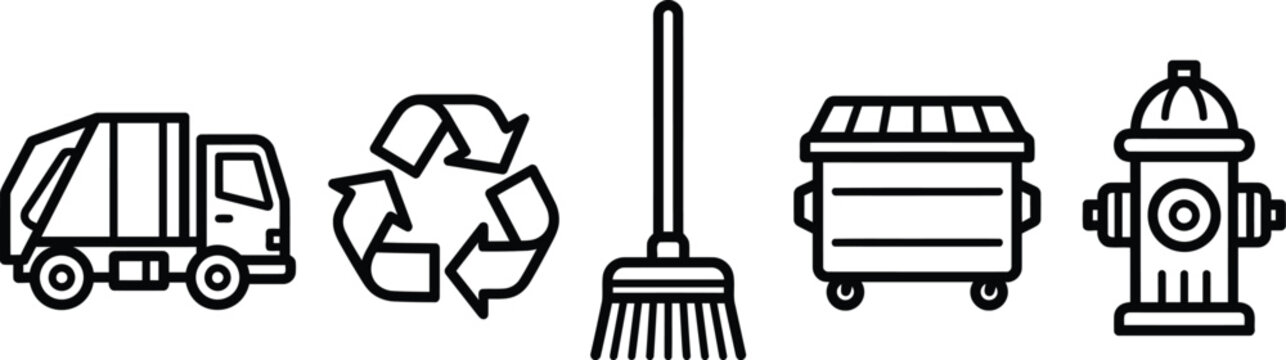 Line art icons of garbage truck recycling symbol broom dumpster and fire hydrant
