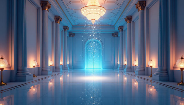 Elegant ballroom with a sparkling blue ambiance and chandelier for a graduation ball