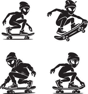 Cool Alien Skateboarding Silhouette Vector Design for Trendy Streetwear and Urban Lifestyle Branding Collections
