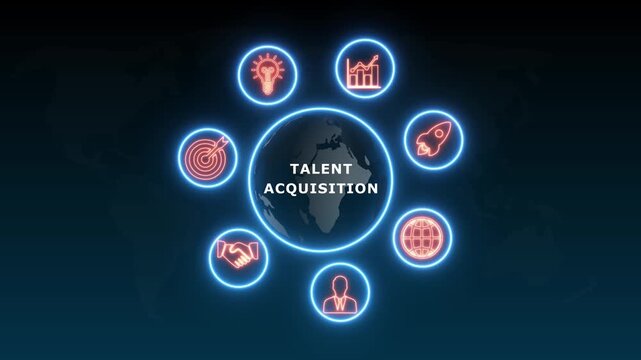 shows glowing neon line banner of TALENT ACQUISITION concept with icons of business, responsibility, customers, integrity, goals, teamwork, commitment and innovation .4k video animation