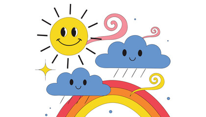 Fototapeta premium Vector illustration of cute weather characters including a smiling sun rainy clouds and a colorful rainbow