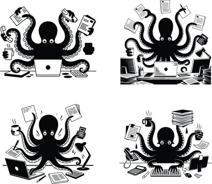Octopus working at a desk with a laptop and papers sea life remote work computer multitasking