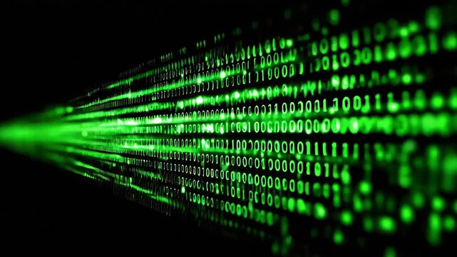 Green binary code stream on black background