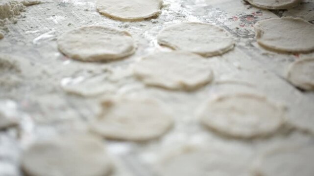 A woman in her kitchen prepares dough for making dumplings with cottage cheese
