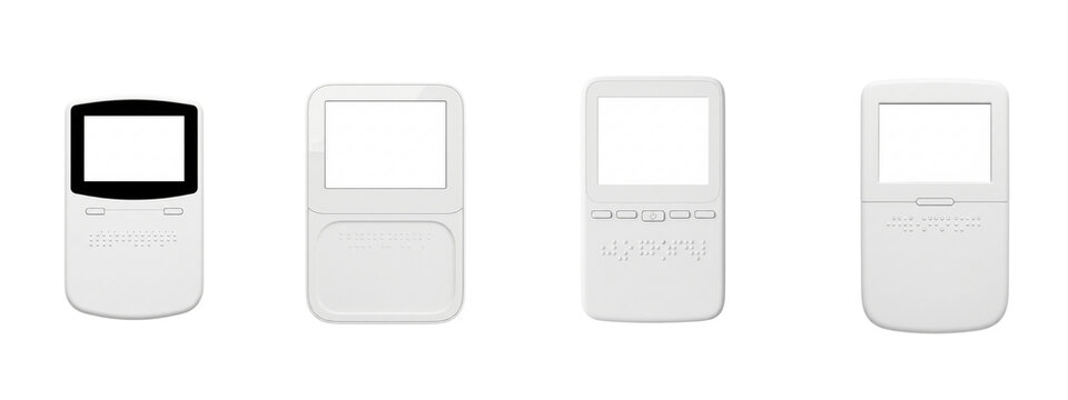 White electronic devices with braille interface on black background