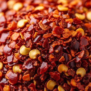 Close up of red chili pepper flakes and seeds for spicy food seasoning on a rustic wooden surface. aleppo pepper flakes