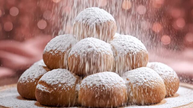 Pyramid arrangement of golden brown dough balls being sprinkled with fine white powdered sugar, falling sugar particles on a warm copper bokeh background.