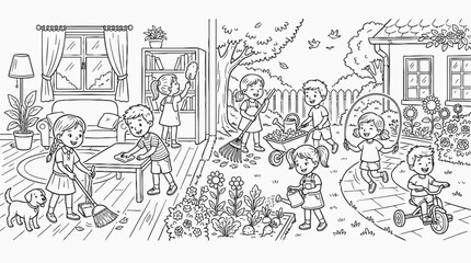 Fototapeta premium Black and white line art neighborhood street scene vector, children playing outside near house and garden. Cartoon outline community illustration for coloring page, poster, education