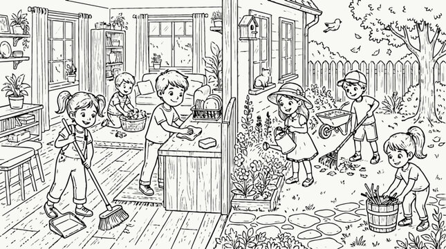 Vintage hand drawn children playing vector illustration, black and white sketch line art kids outdoor and indoor scenes, retro engraving style cartoon for school poster, storybook