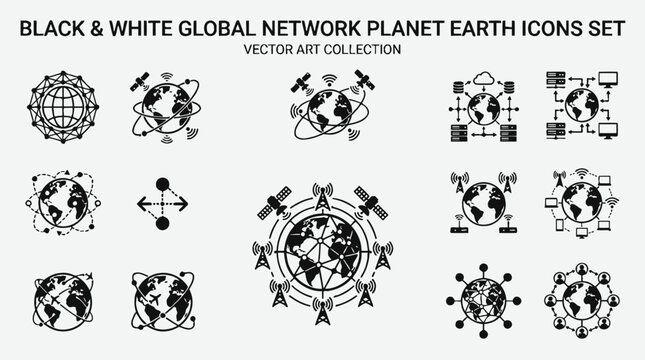 Black and white global network planet Earth icons, abstract wireframe globe connection symbols vector set. Modern technology internet communication logo collection for web UI infographics
