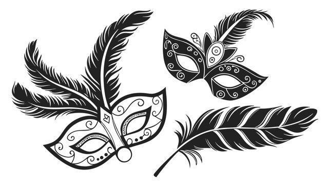 Vector illustration of hand drawn black ink masquerade masks and feathers for carnival and mardi gras events
