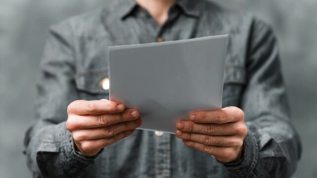 Unrecognizable casual man holding a blank grey paper with copy space for text or graphic design