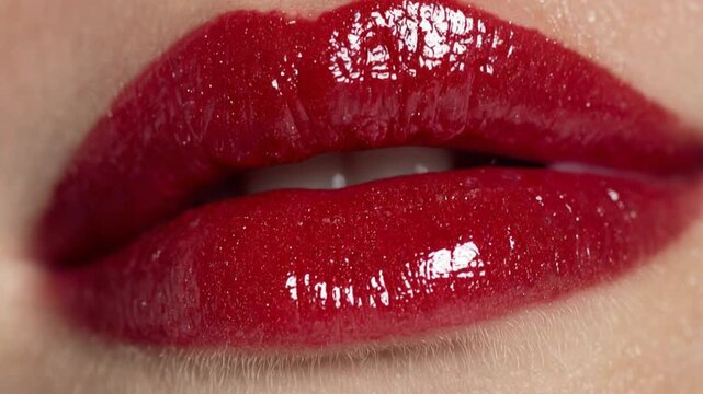 Close-up view of a woman's mouth with beautiful red lipstick, moving sensually
