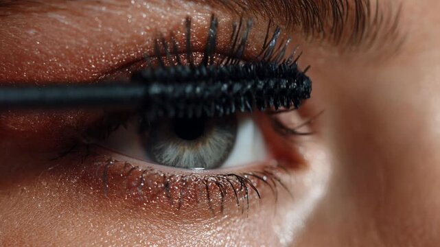 Extreme close-up of a woman applying mascara on her eyelashes with a cosmetic brush