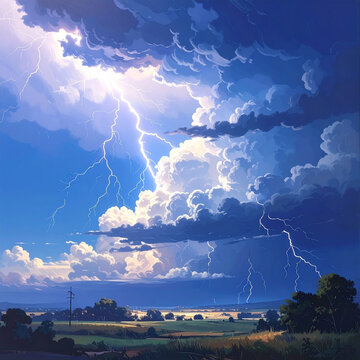 Lightning striking green summer fields