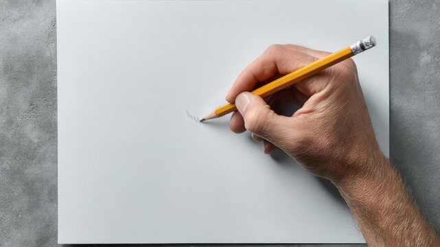 Male artist hand drawing a line with a graphite pencil on a blank white paper